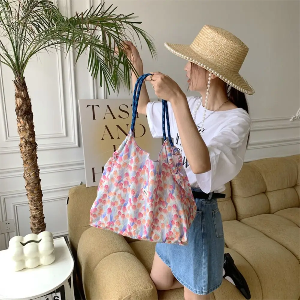 Floral Printed Canvas Shoulder Bag Portable Reusable Large Capacity Drawstring Shopping Bag Handheld Cotton Travel Tote Bag