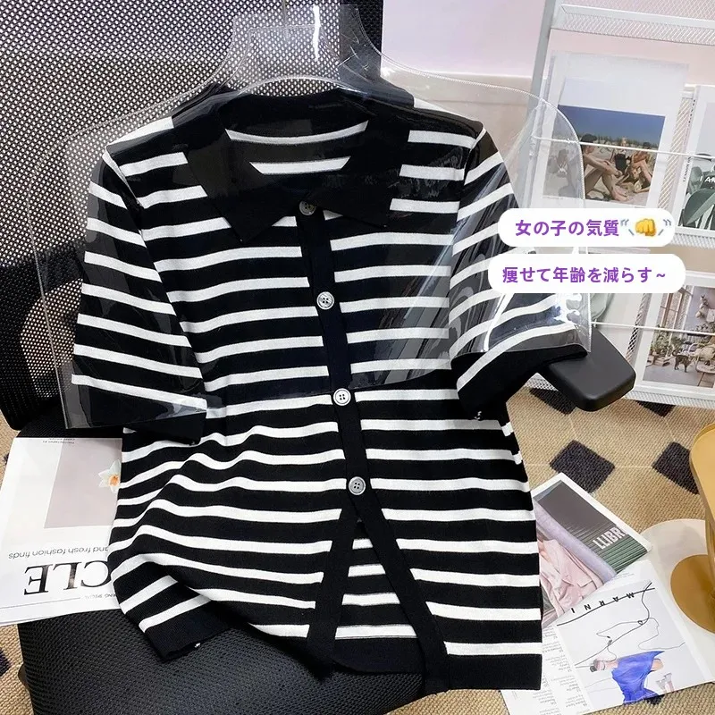 plus Size Women's Loose Slimming Top Summer New Style Striped Knitted Short Sleeve  Collar T-Shirt Korean Style Regular Fit