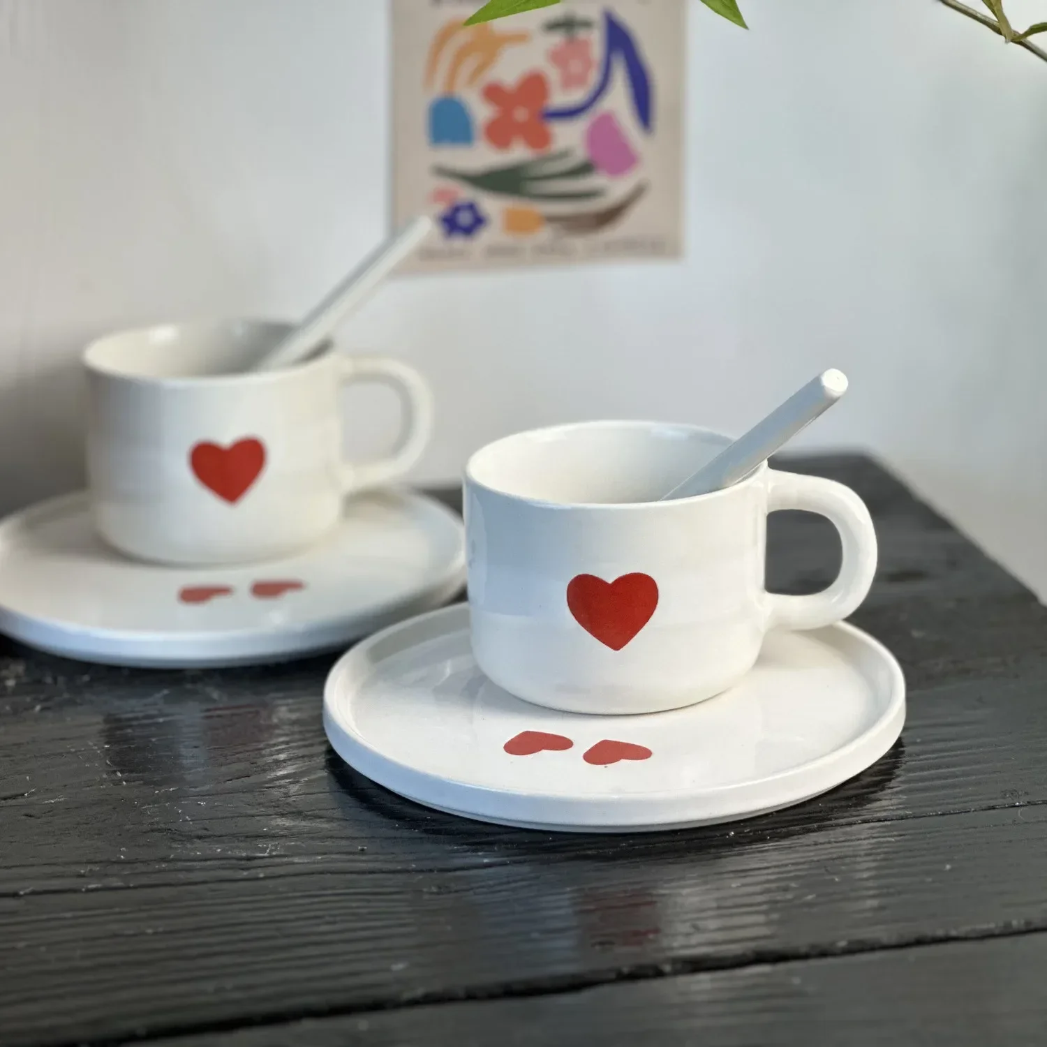 Creative Love Heart Coffee Cup with Saucer Set Colorful Polka Dot Cup Student Ceramic Water Cup Home Exquisite Tableware Gift