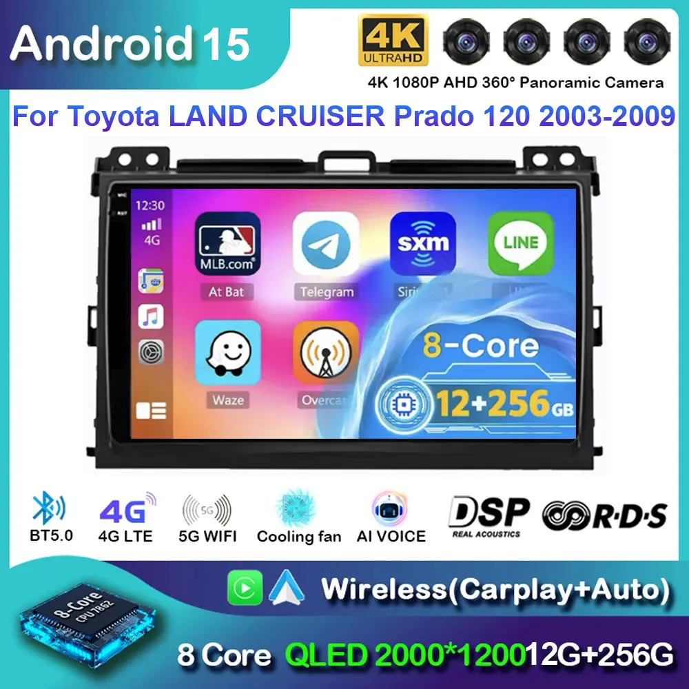 Navegação de rádio de carro Android 15 para Toyota Land Cruiser Prado 120 3 Lexus GX470 J120 2003-2009 Carplay Multimidia Estéreo