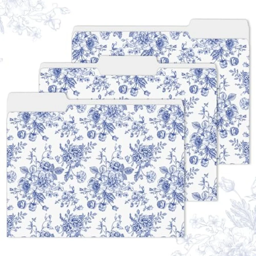 

24 Pack Blue Floral File Folders Letter Size Toile Blue Chinoiserie Flower File Pockets with 1/3 Cut Tab for Home Office Classr
