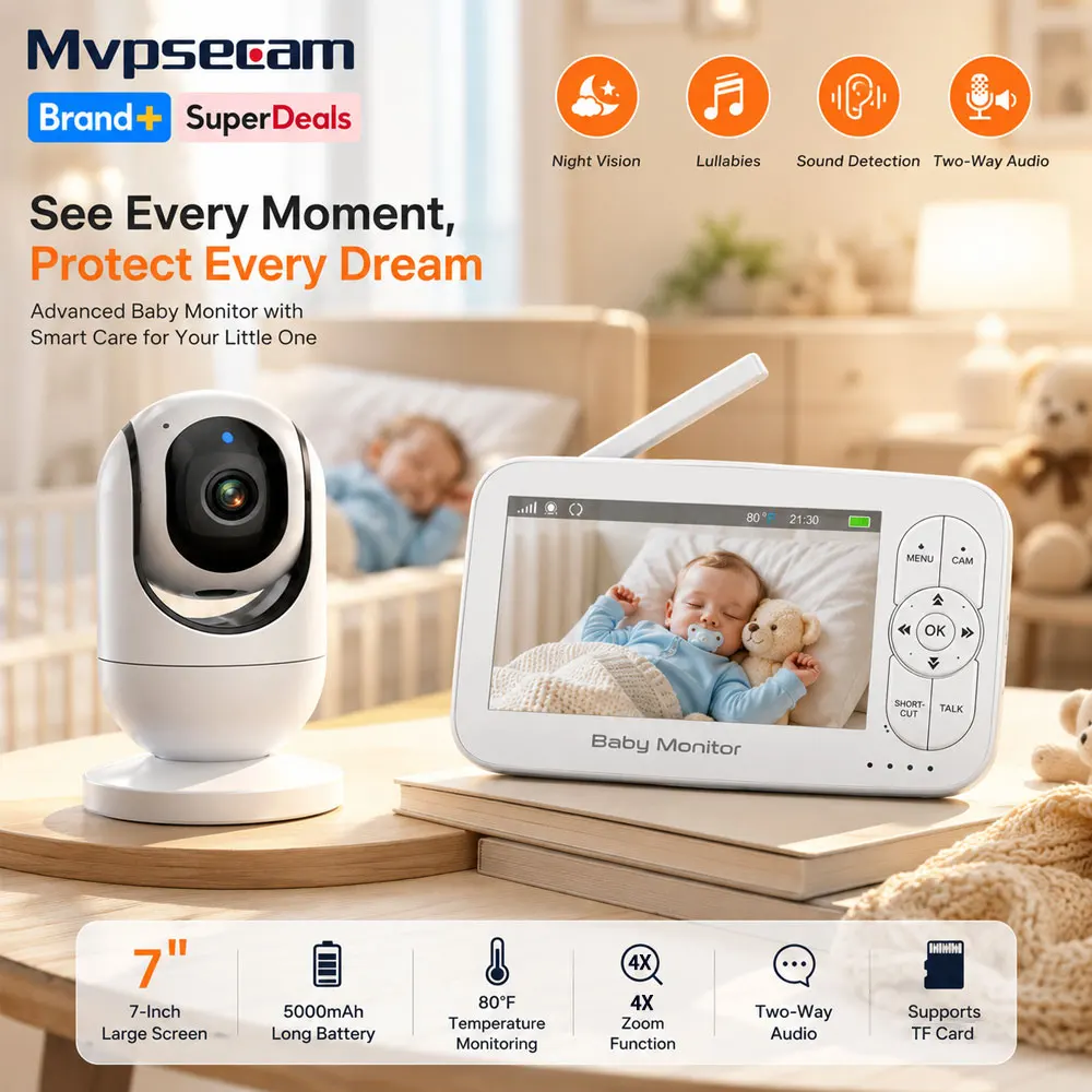 7-Inch 1080P Baby Monitor with Camera and Audio No WiFi Night Vision 2-Way Talk 4X Zoom Temperature Monitoring 5000mAh Battery