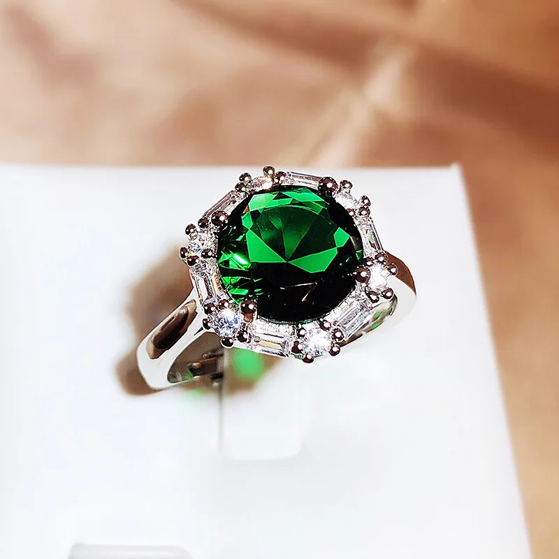 

Fashionable 925 Silver Geometric Emerald Full Diamond Ring for Women Open Adjustable Valentine's Day Gift Jewelry