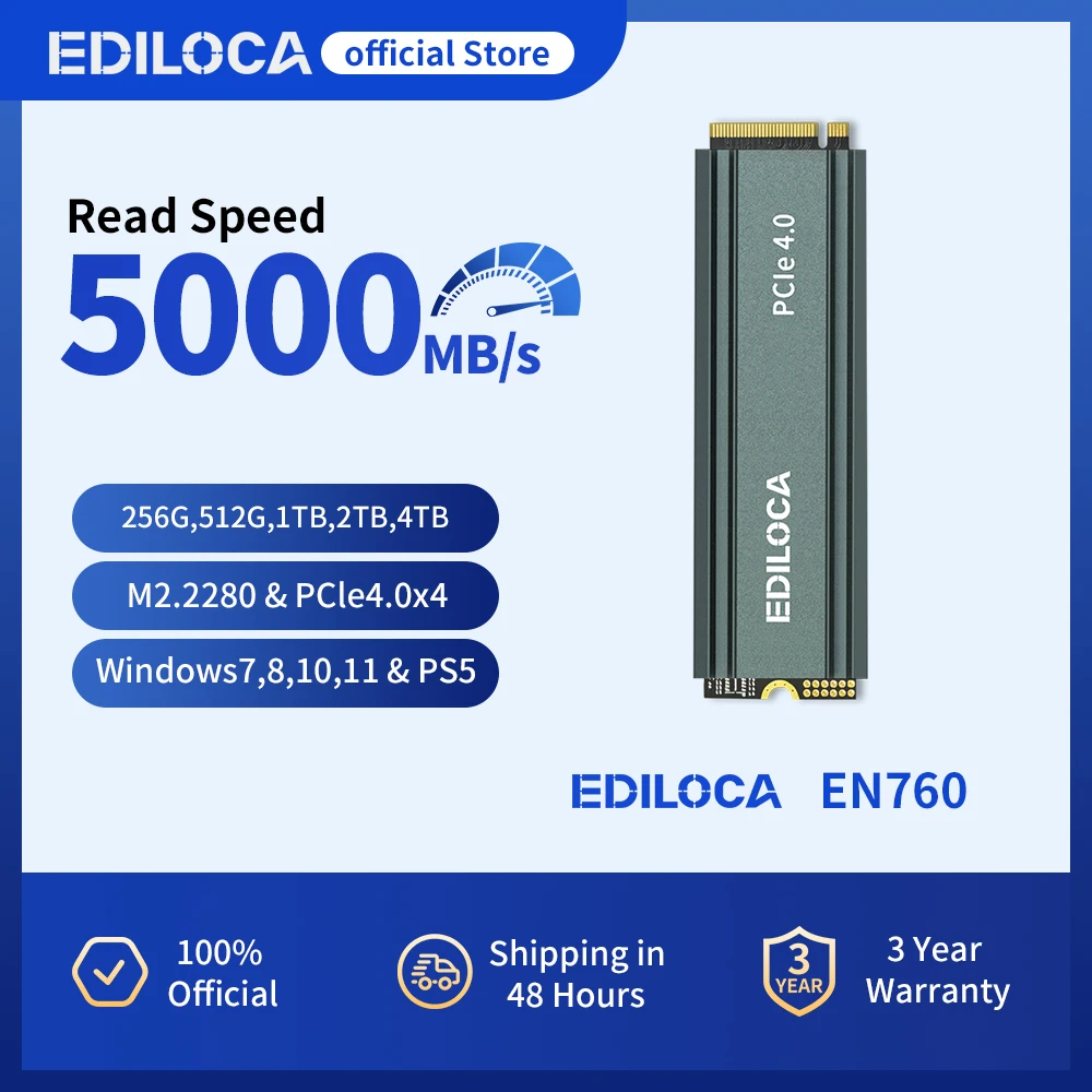 

SSD Ediloca EN760 M.2 2280 NVME SSD с радиатором PCIe Gen4.0x4 3D NAND TLC 4800 МБ/с Внутренний твердотельный накопитель для PS5/ПК