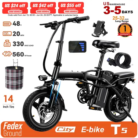 Adult Electric Bike,560W Motor,20MPH,48V Removable Battery,14inch Folding Electric Bike,Maximum 32 Miles,1Year Warranty Ebike
