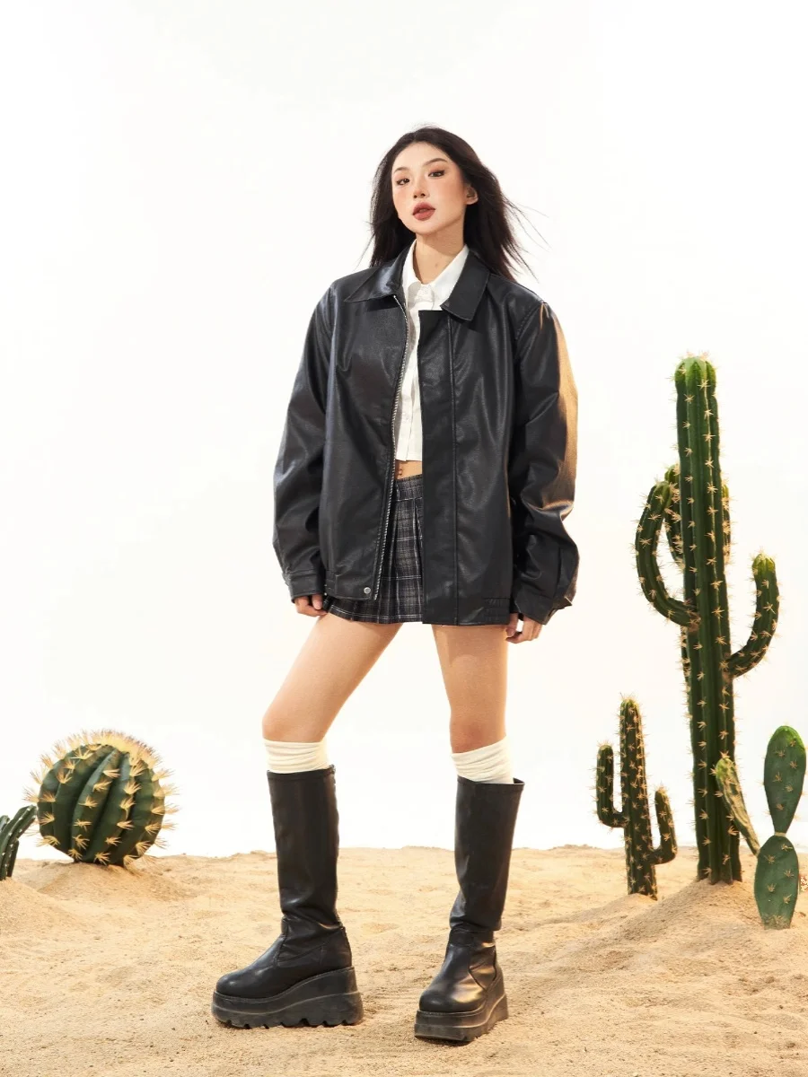 Retro Amerikaans zoet koel bruin leer Jaet dames 2023 nieuwe herfst trendy casual motorfiets Sle PU lederen Jaet