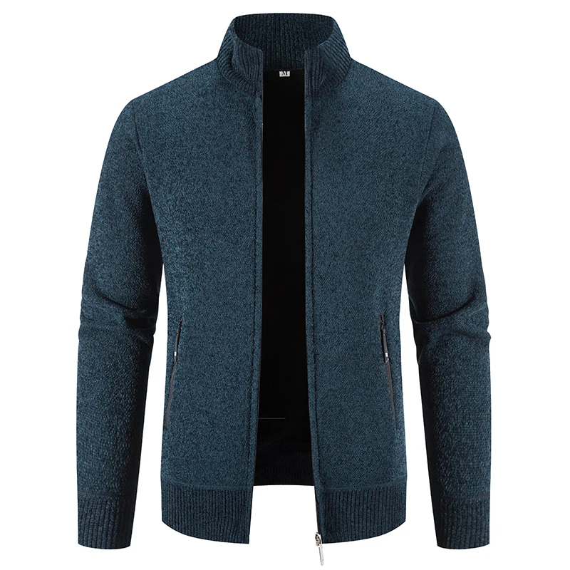 Nova Jaqueta Casual para Homens Camisola Cardigan Slim Solid Stand Collar Zipper Primavera Inverno Grosso Quente Roupas Masculinas