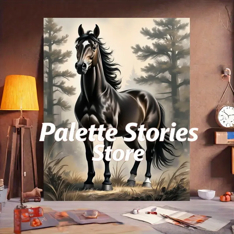 Kit de peinture par numéros sans cadre, 1 pièce, idéal pour les débutants adultes, Scène équestre vintage rétro : Cheval noir majestueux dans la forêt