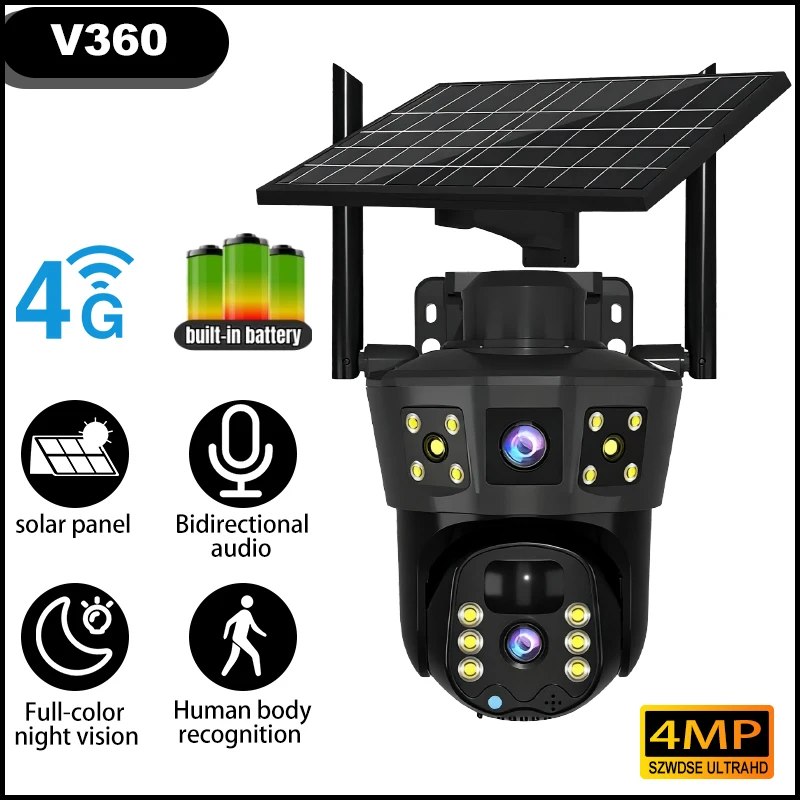 HD 4MP Solar Battery Powered Security Camera Bidirectional audio Color Night Vision PIR Human Detection WiFi Outdoor IP Camera