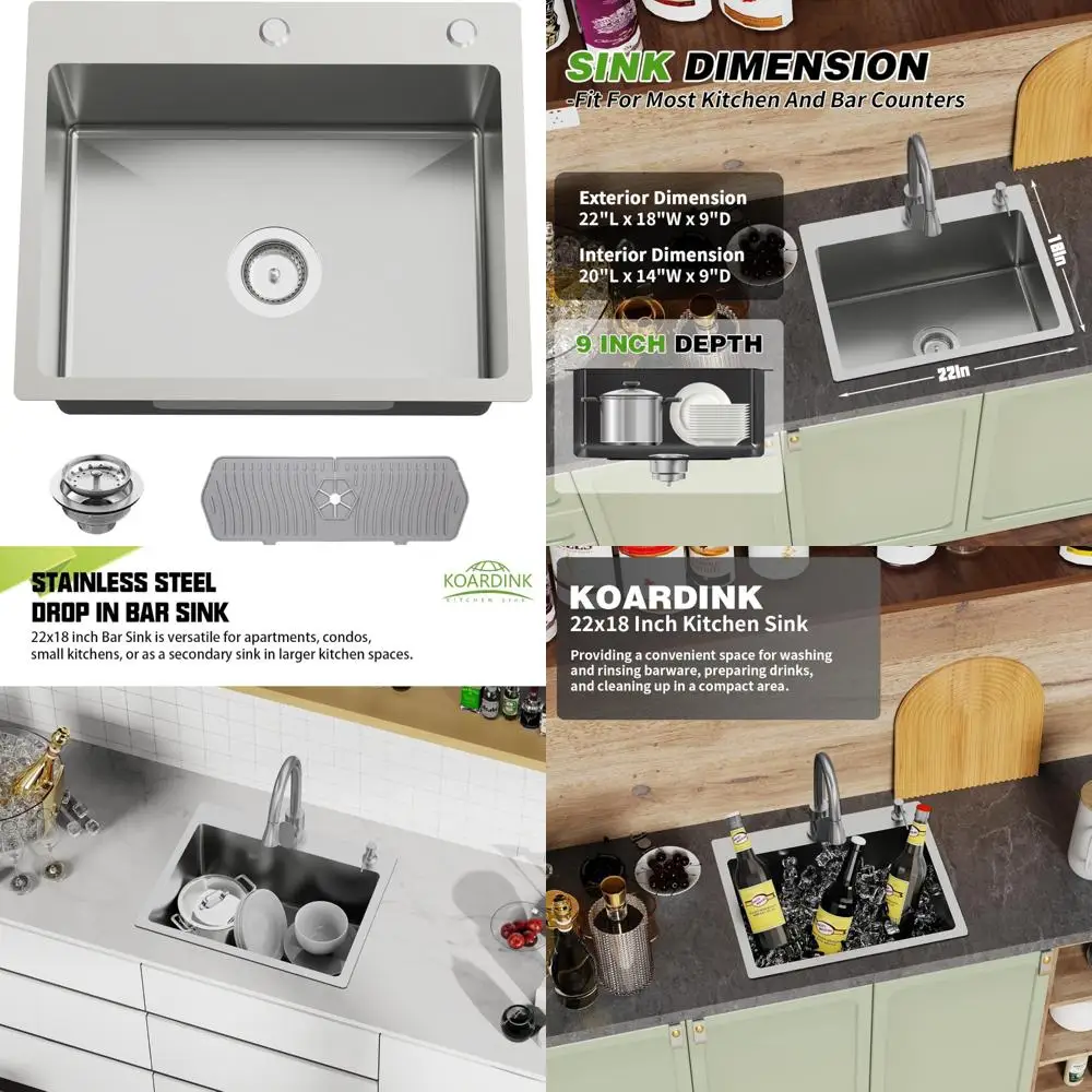 

Stainless Steel 22x18 Inch Modern Single Bowl Kitchen Sink and Topmount Bar Sink Combo with Silicone Mat, Durable and Stylish De