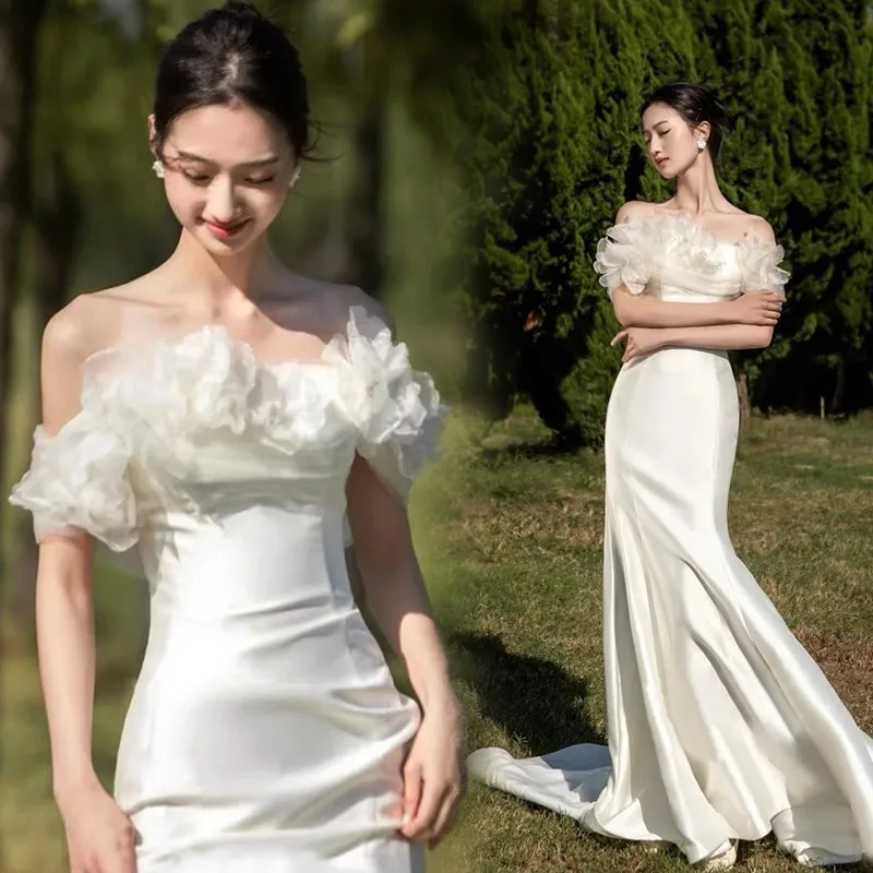 Vintage Satin Off The Shoulder Mermaid Wedding Dress With Small Train Romantic Fairy Flower Bride Dresses 2023 New Slim Lace Up