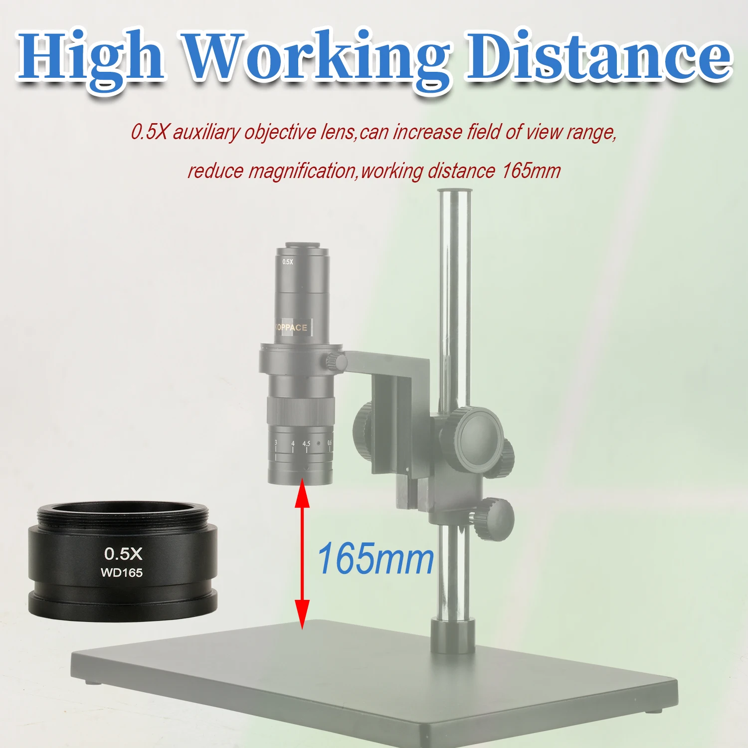 Objetivo auxiliar del microscopio KOPPACE 0.5X, distancia de trabajo de 165 mm, tamaño de conexión 42 mm