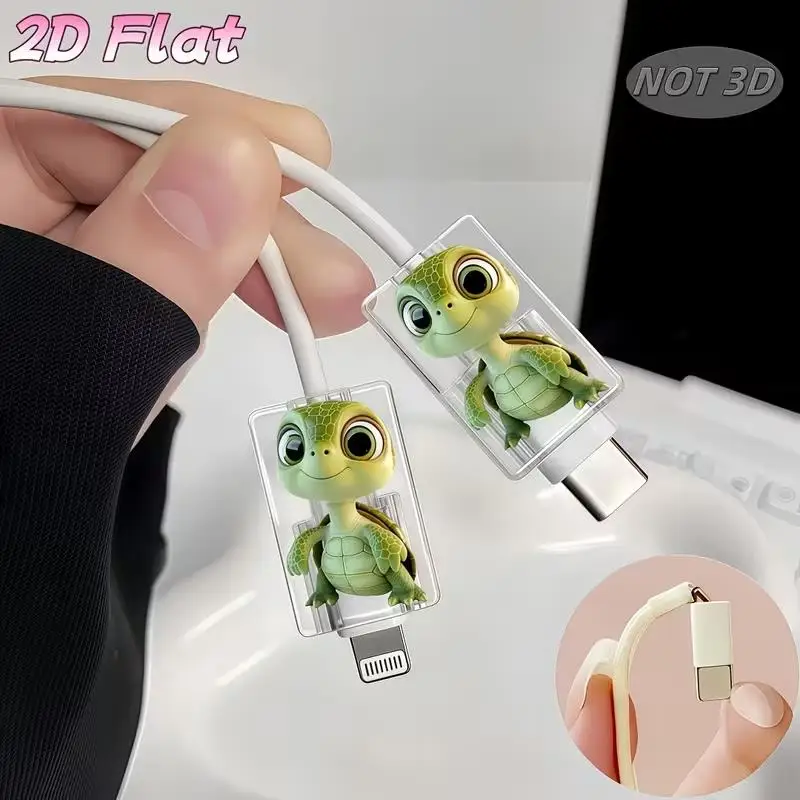 2pcs Cartoon Turtle Cable Protectors – Anti-Break Type-C, 2D Flat Design, Aesthetic & Durable