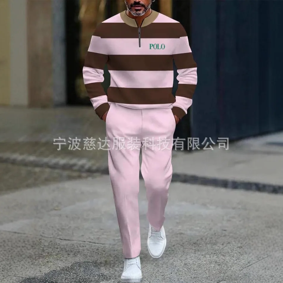 2025 New European and American Amazon Style Men's Sports Set with Half open Placket Zip Pullover  Casual and Fashionable