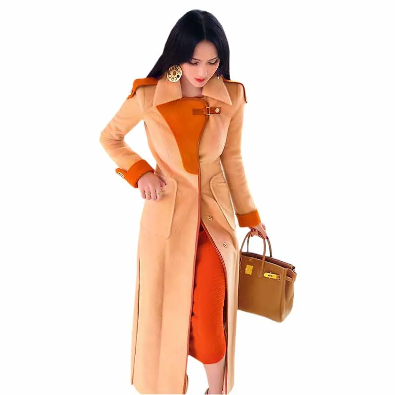 X-Long Woolen Cloth Coat Women Autumn Winter Plus Cotton Thicken Outwear Splice Hem Both Sides Split Wool Blends Jackets KW320