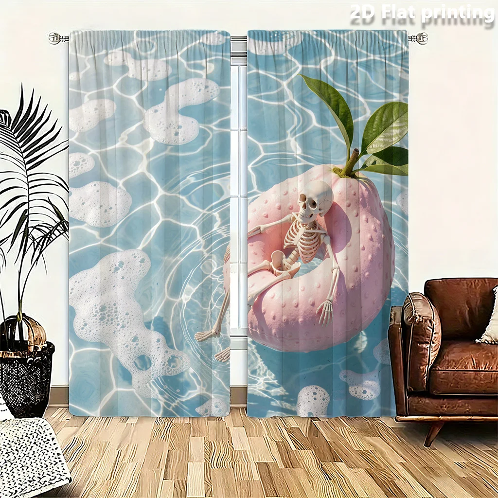 Funny Skeleton Swimming Curtains, Summer Pool Party Print Drapes for Bathroom, Quirky Bone Character Window Treatment Decor