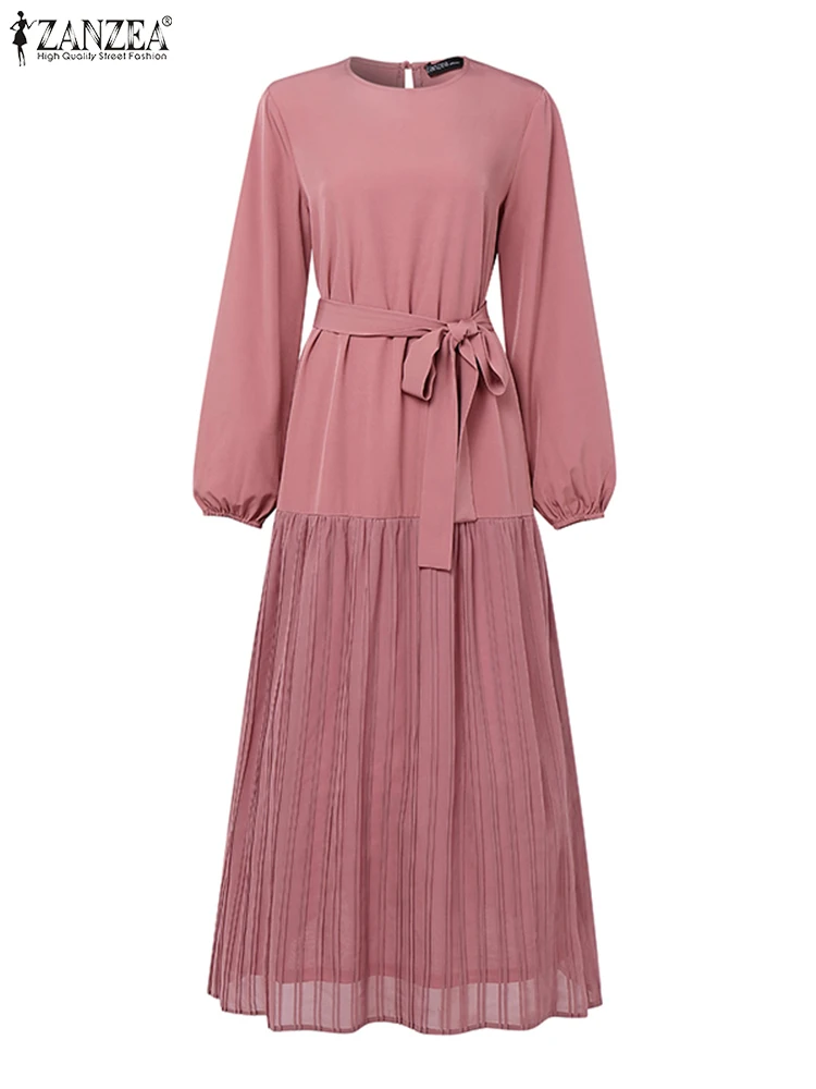 ZANZEA Women Autumn Patchwork Maxi Dress 2025 Elegant Long Sleeve Pleated Sundress Robe Femme Eid Mubarek Muslim Abaya Dresses