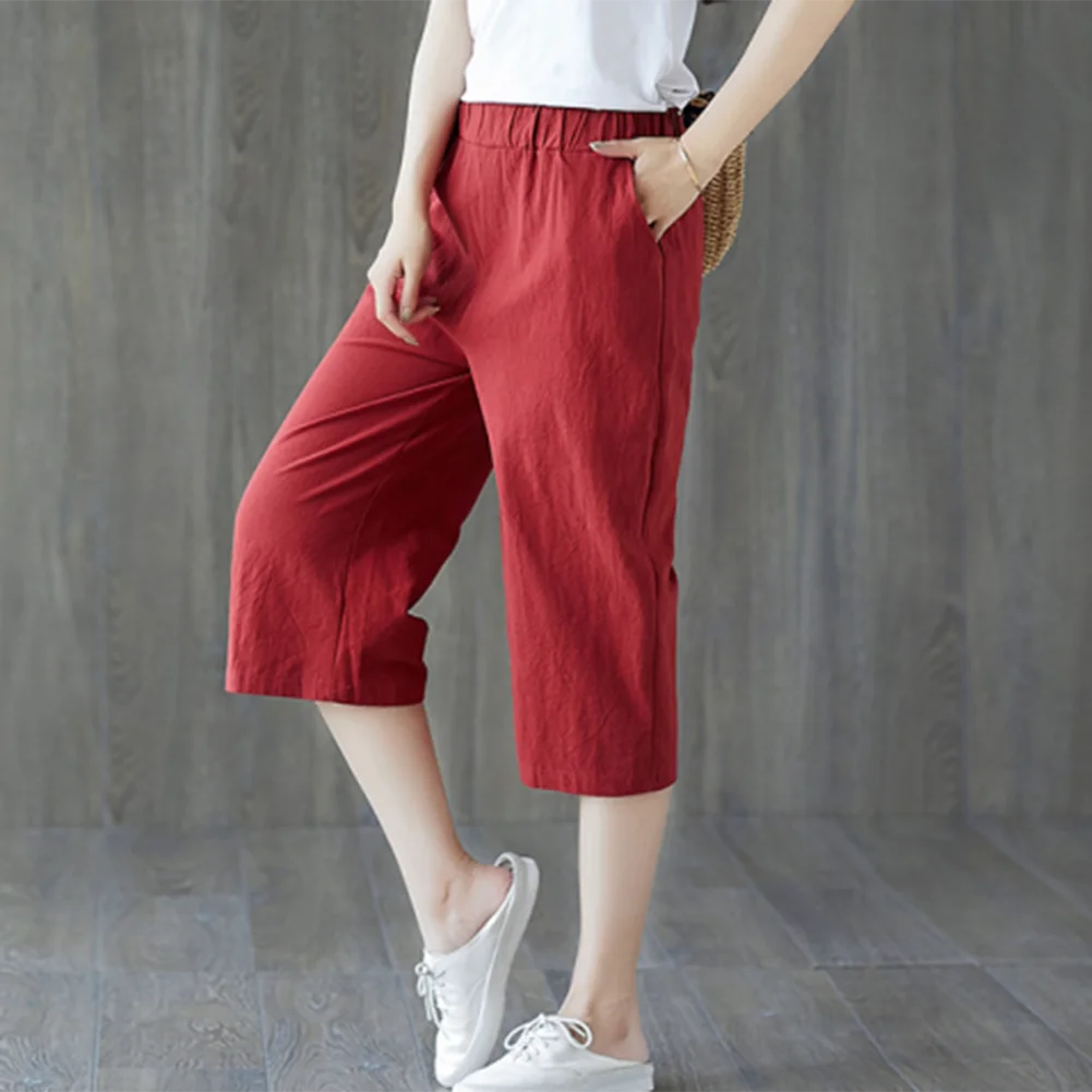 

Summer Elastic Waist Women's Pants Casual Solid Cotton Linen Ankle Length Pants Female High Quality Baggy Trousers