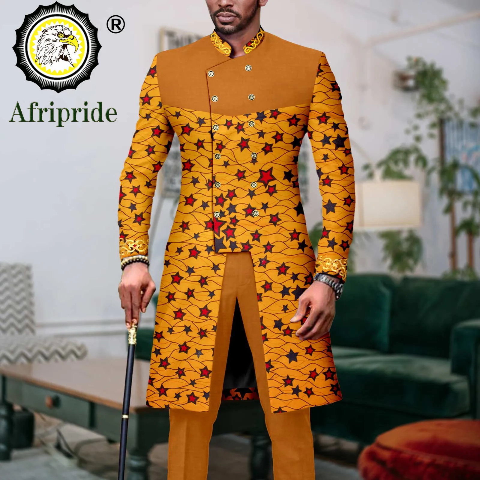 Men`s Suit African Clothes Double Breasted Slim Fit Dashiki Jackets and Pants 2 Piece Set Formal Outfits Print Attire A2316062