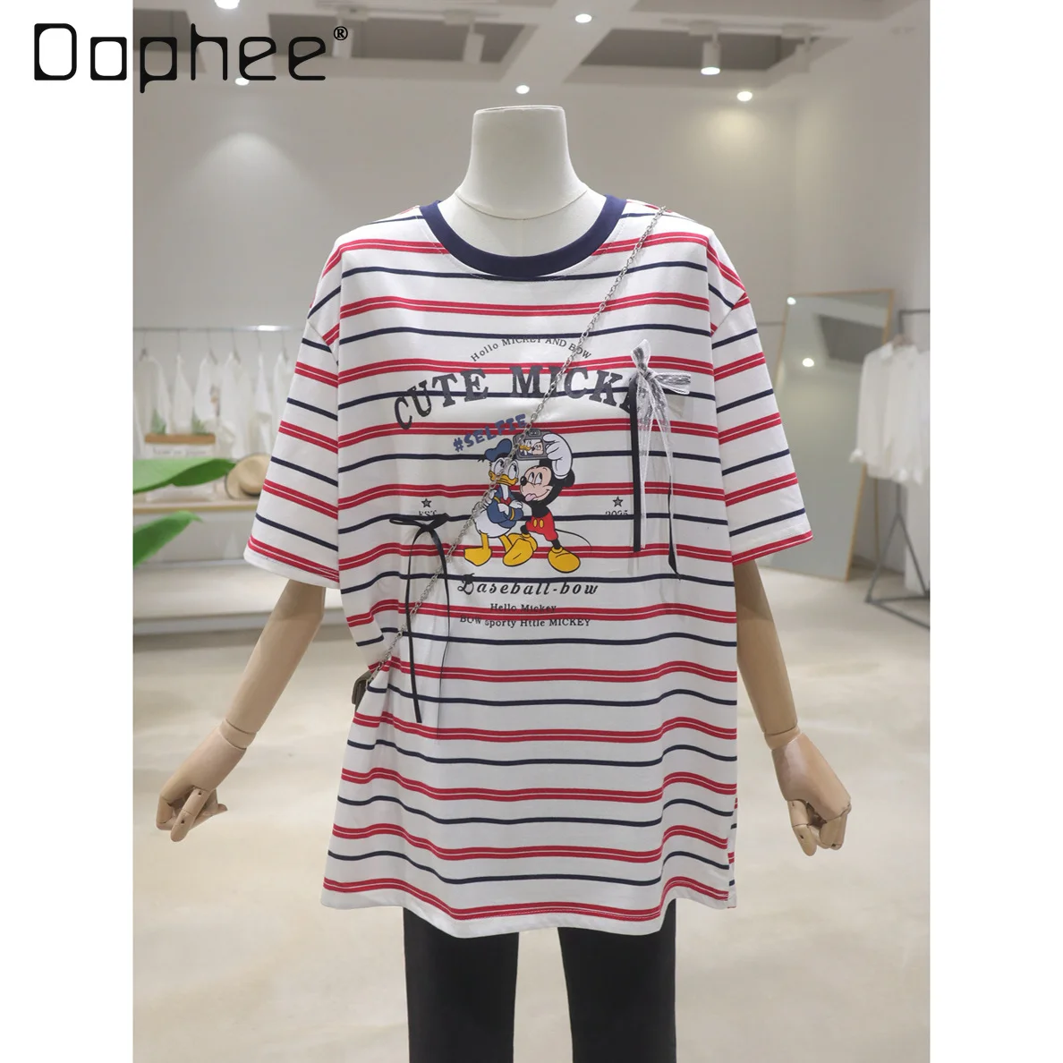 

Striped Lace Bow Cartoon Printed Top 2025 Summer Loose Medium and Long Cotton Short-sleeved T-shirt Women Oversized T-shir