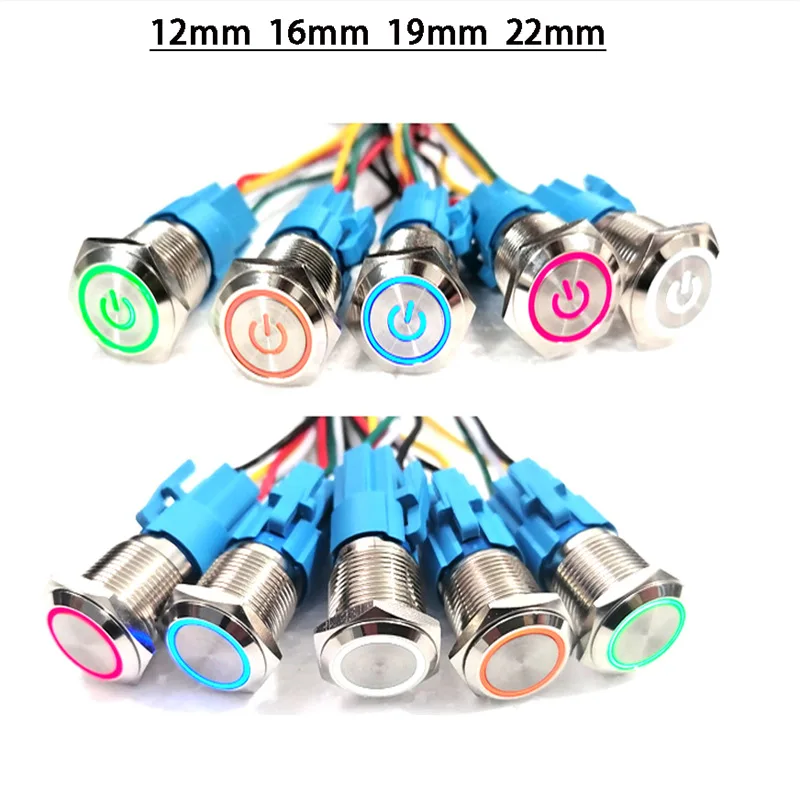 

12/16/19/22mm Waterproof Metal Push Button Switch LED Light Momentary Latching Car Engine Power Switch 5V 12V 220V Red Blue