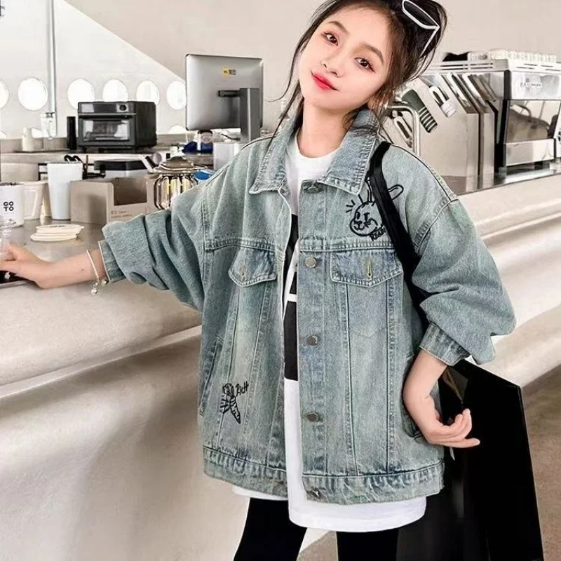Girls Denim Jacket Spring and Autumn New Style Teenage Children's Fashionable Jacket Girls' Casual Loose Coat 5-14Years