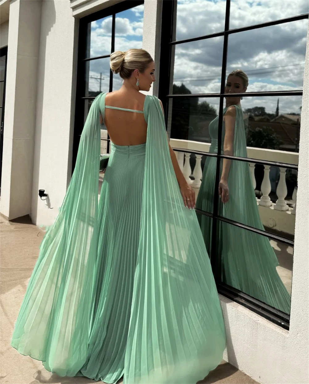 Annie-vestido de novia verde plisado para mujer, elegante vestido de graduación con línea A, chal árabe a medida