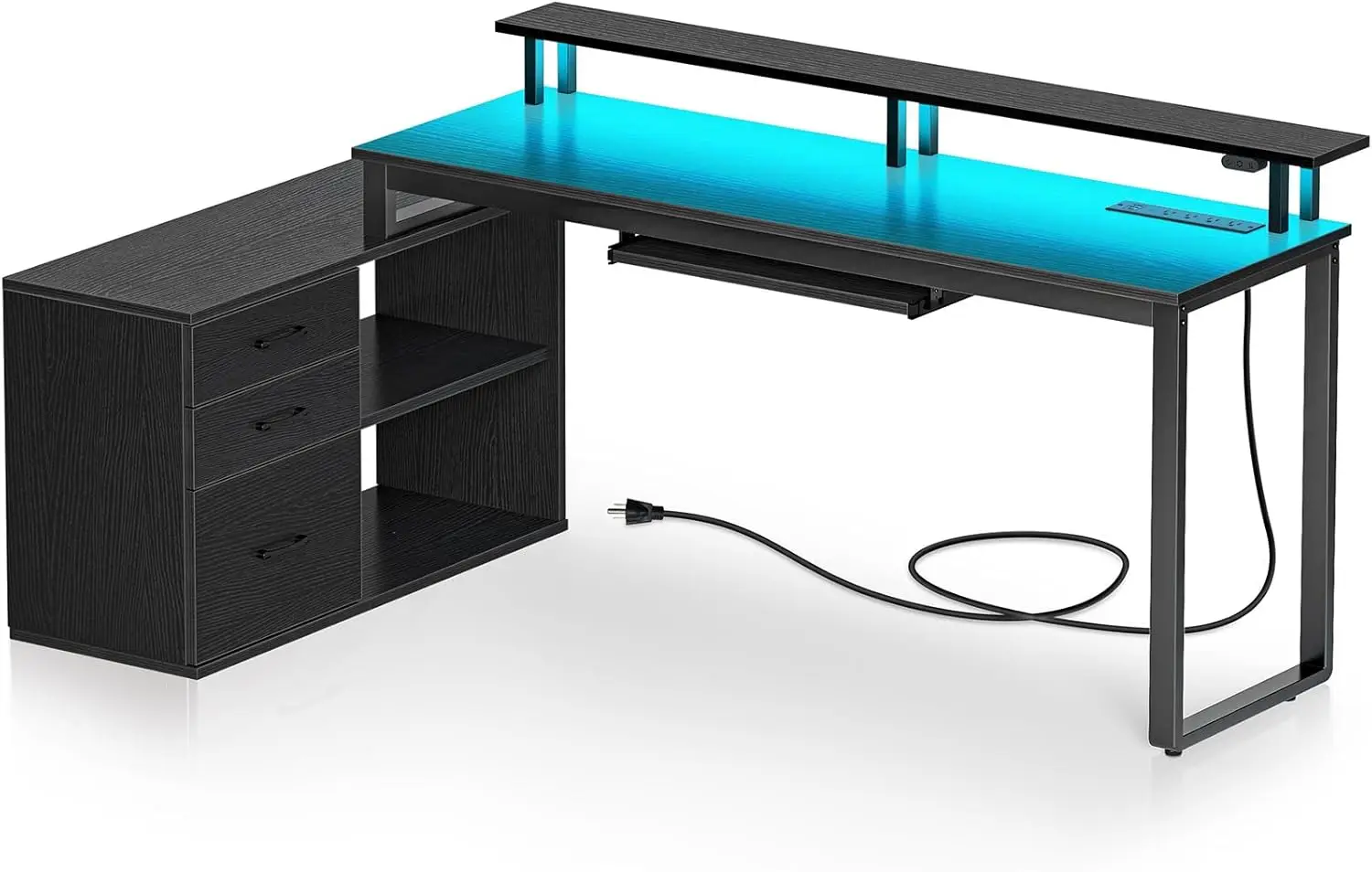 Computer Desk with Drawers and Power Outlet, Black Reversible L Shaped Desk with LED Strip & Keyboard Tray, 55 Inch Home Office