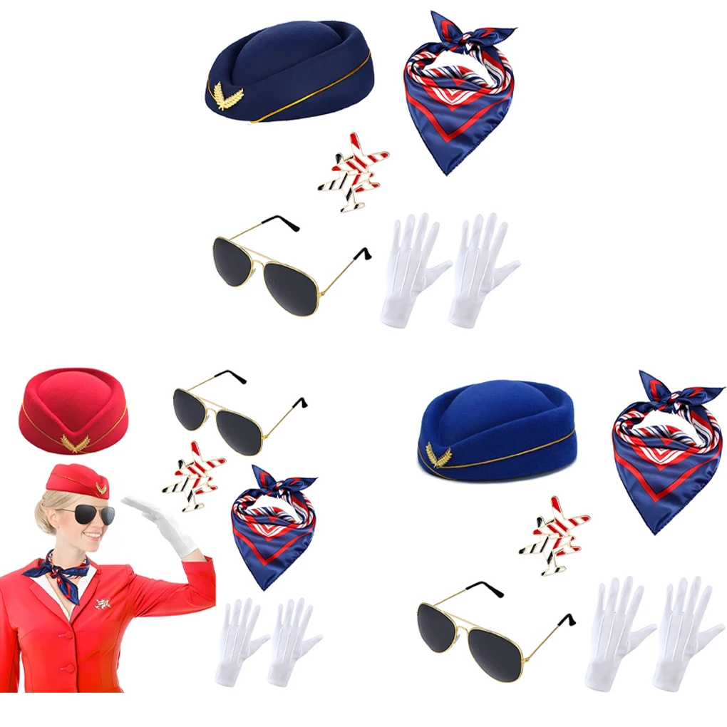 Neue Damen-Kleidungszubehör für Flugbegleiterin, Flugbegleiterin-Kostüm, Flugbegleiter-Mütze, Sonnenbrille, Schal, Handschuhe