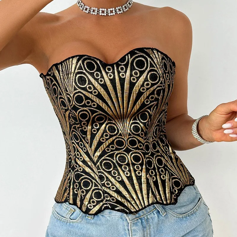 Women's Spring Strapless Crop Top Corset with Lace Mesh Solid Color Fitted Western Style Outerwear Gold And Black Print Cropped