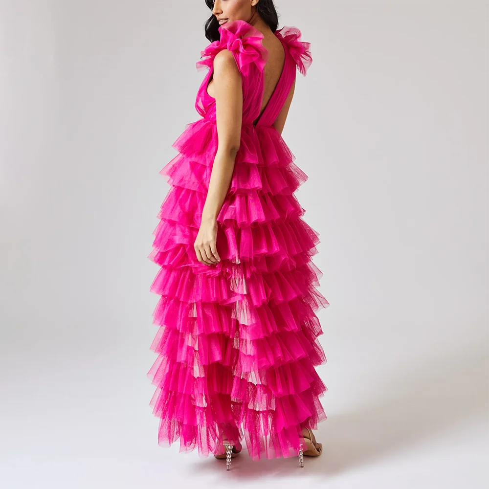 Fuchsia Pink Tiered High Low Tulle Dress Deep V Neck Solid Color Ankle Length A Line Sexy Customized Maxi Homecoming Prom Gowns