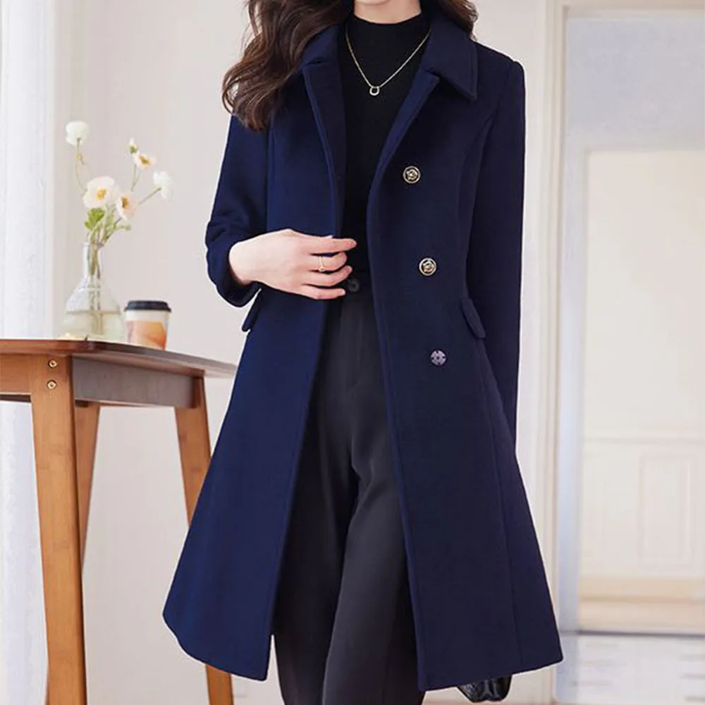 

Tesco Elegant Women's Coat Woolen Thickened Trench For Women Winter Wear Solid Slim Formal Outerwear For Office Wear Warm Jacket