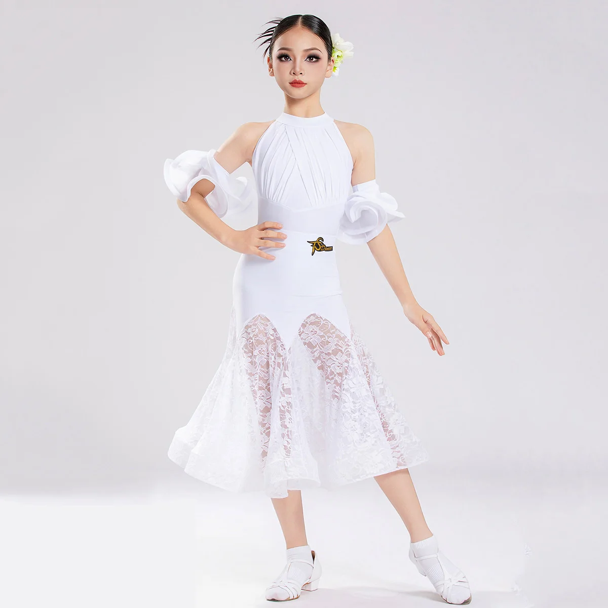 Sleeveless Bodysuit with Sleeves Girls Children's Modern Dance Costumes Ballroom Competition Leotard Training Lace Big Skirts