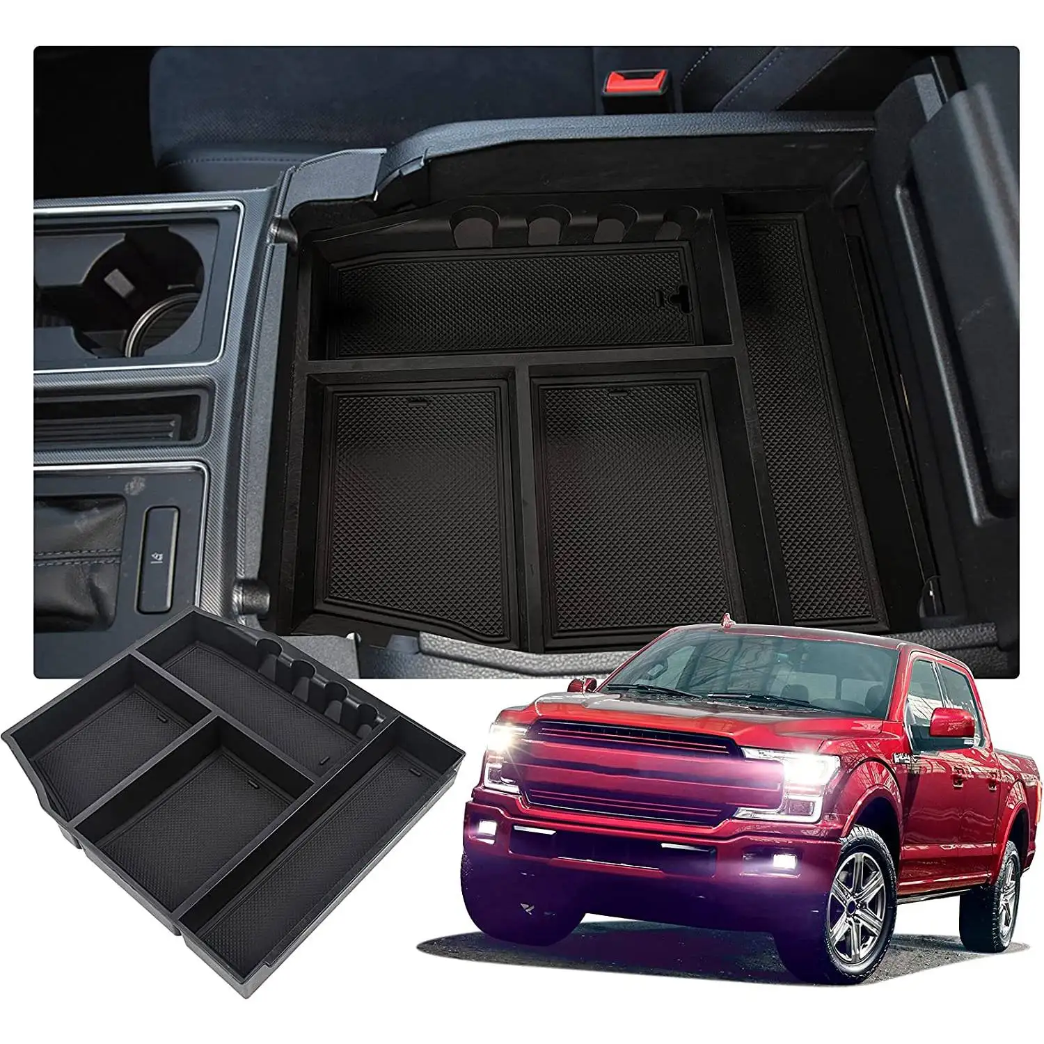 Center Console Organizer Tray for 2021 Ford F150 F-150 Car Armrest Storage Box Accessories with USB Hole and Coin Holder