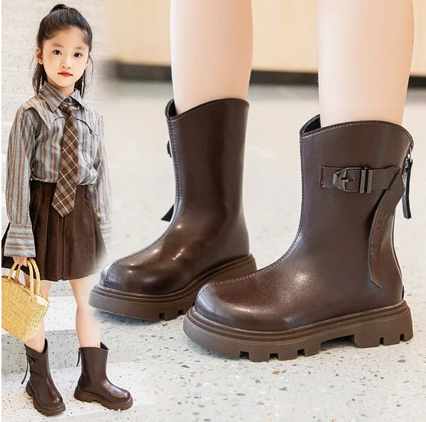 Spring Autumn Kids Boots for Girl Solid Color PU Princess Catwalk Boots Fashion Versatile Causal Children Simple Leather Boots