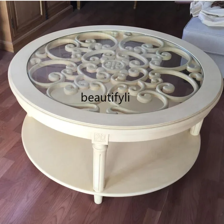 

American country round coffee table reception table French hollow tempered glass table
