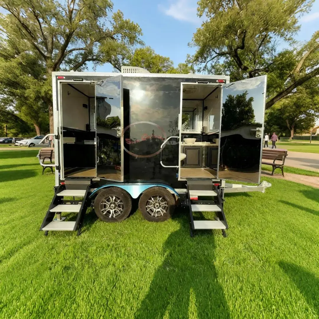 

Outdoor Mobile Toilet with Black Mirrored Shell Silver Metal Frame Dual-Wheel Trailer Foldable Black Steps & Handrails