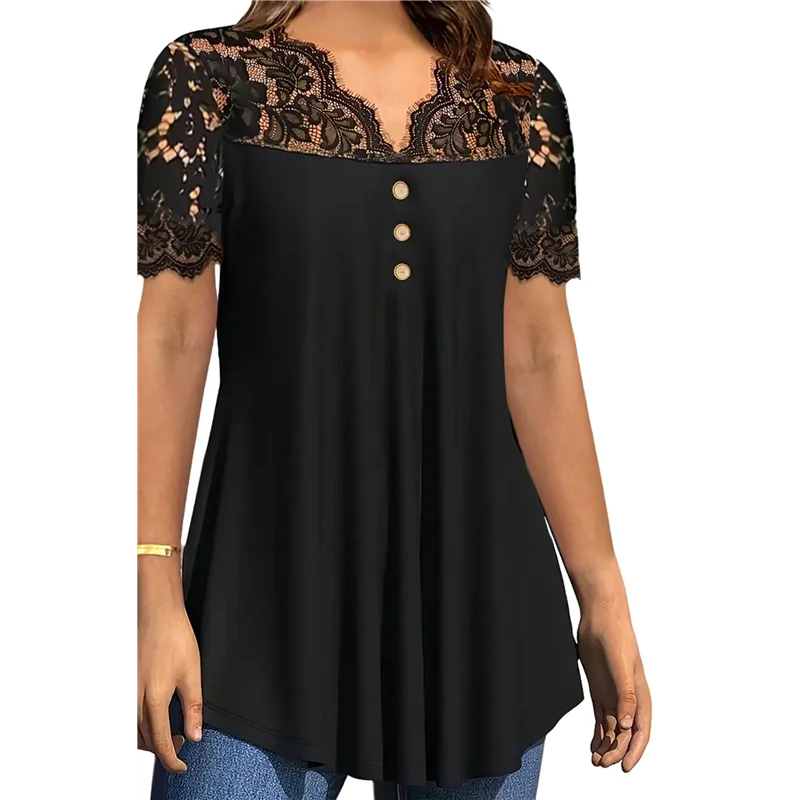 Женские топы больших размеров, рубашки на пуговицах с короткими рукавами, кружевные плиссированные туники на пуговицах с V-образным вырезом, блузки-туники