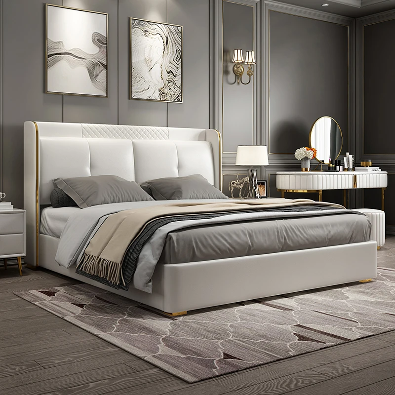 

Luxury Leather Upholstered king Size Bed Set Home Hotel Room Furniture Adult Wood Frame Comfortable Soft Double Modern Bedpromot