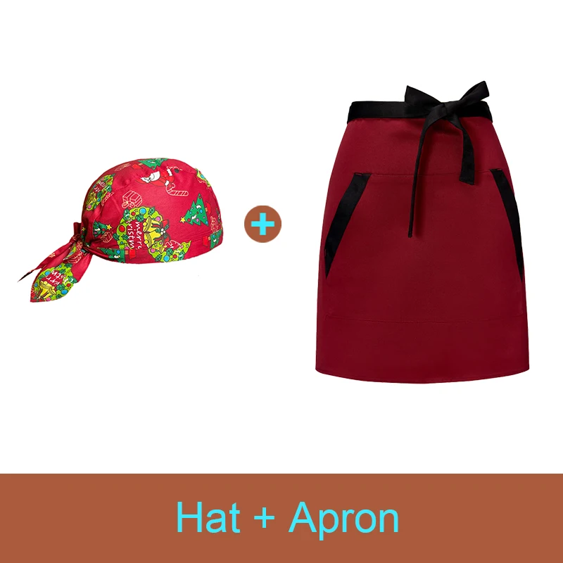 Hotel Kitchen Double Pocket Apron Christmas Print Mushroom Cap Restaurant Chef Short Pinafore Waiter Work Aprons Hat 2 Pce Set