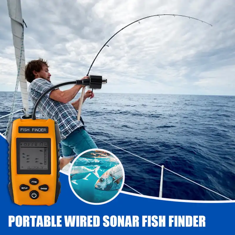 200KHz Portable Wired Sonar Fish Finder Alarm 100M Portable Sonar Fish Finders 45 degrees Sonar Coverage Echo Sounder Alarm Tran