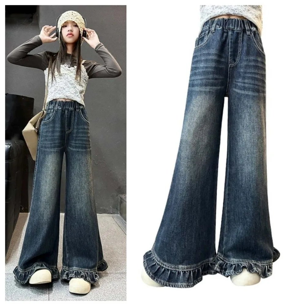 Pantalons à jambes larges pour adolescentes, longs, amples et droits, à volants, Cowboy, taille haute, pantalons en Denim pour filles, printemps automne
