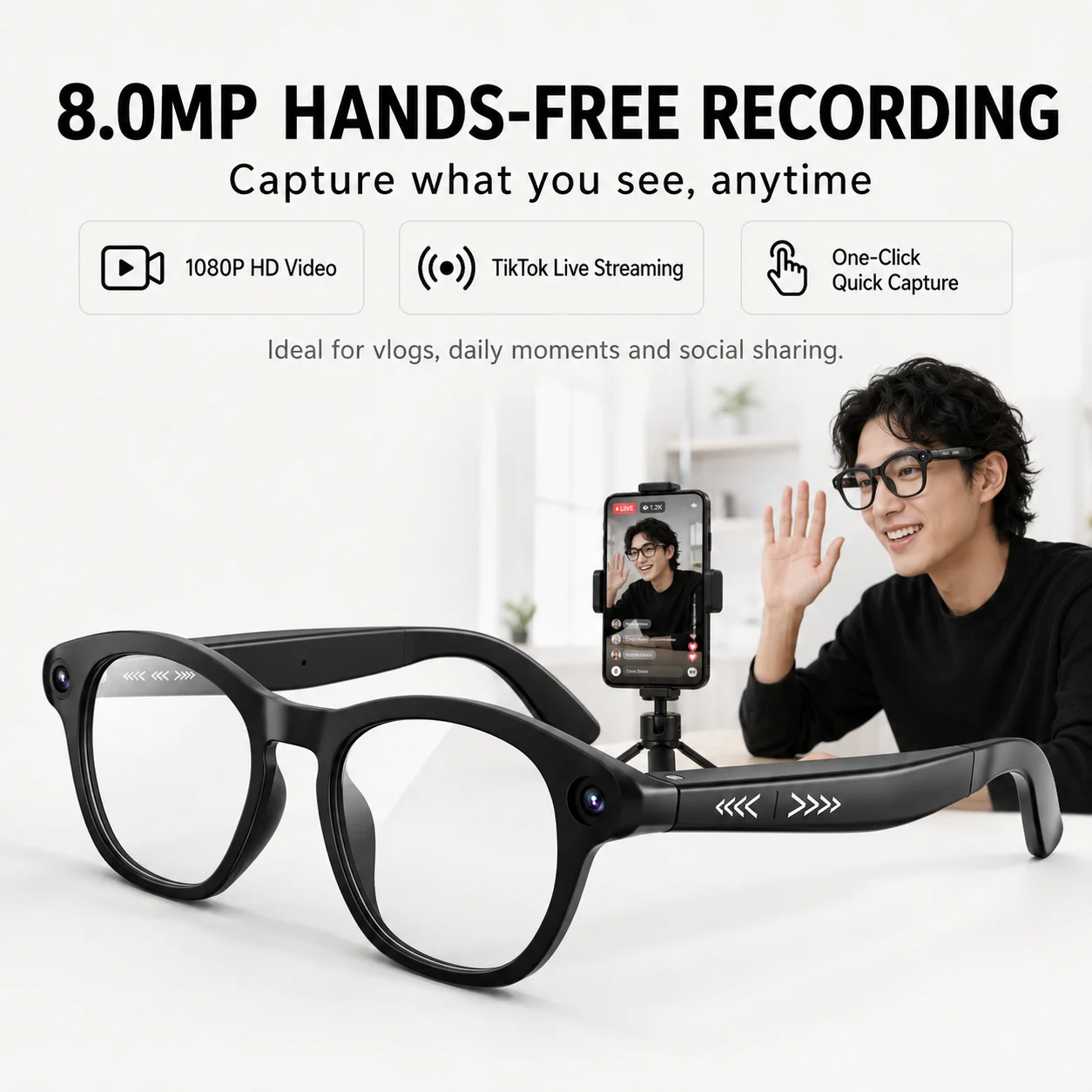 CY03 Smart AI Glasses 800Wpixel Shooting Camera HD Photo Video Voice Call Glasses Music  Wireless Earphones Wearable