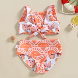 Kid Girl Swimsuit Two Pieces Sets Sleeveless V Neck Watermelon Print Striped Swimwear Summer Swimming Beach Bathing Suit