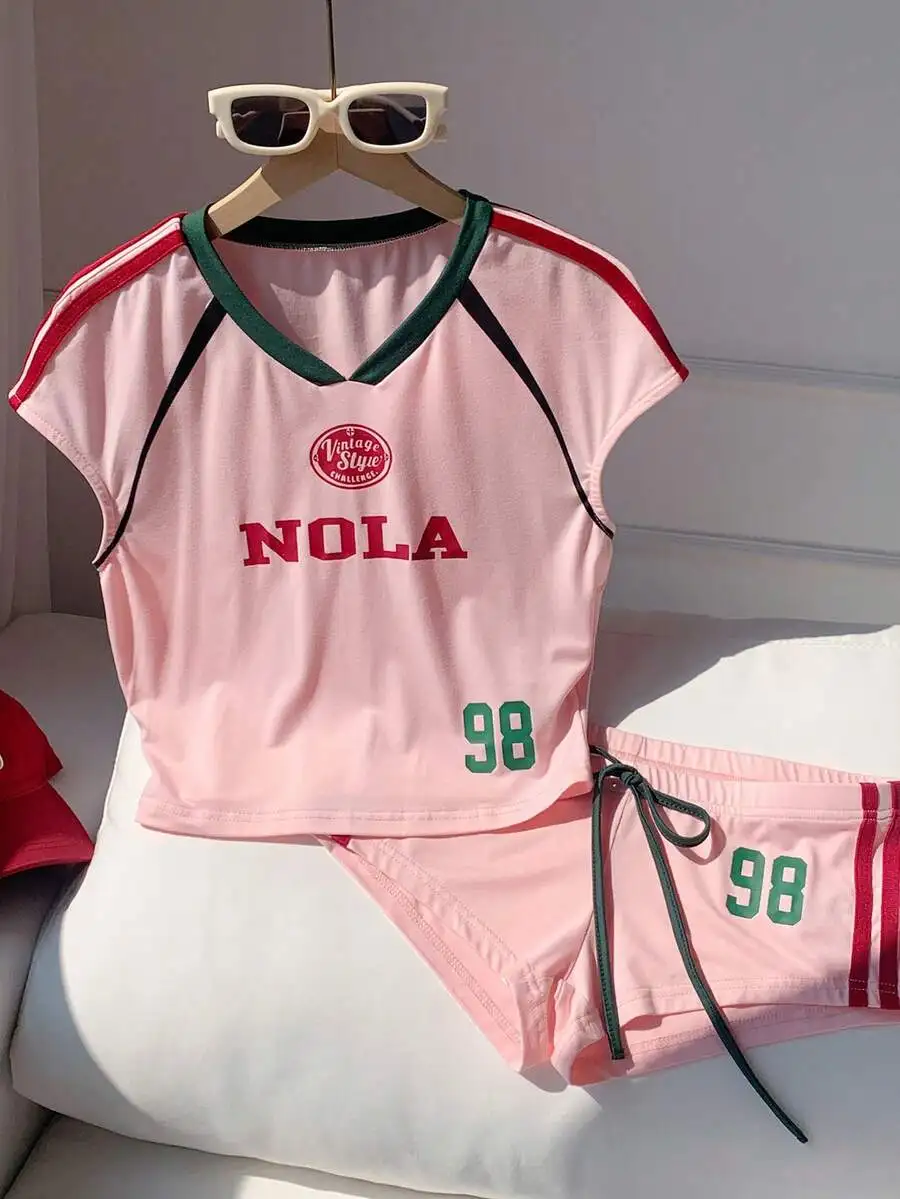 

Light Pink V-Neck Graphic Print Two Piece Set Women Casual Sporty Y2K Short Sleeve Top And Shorts