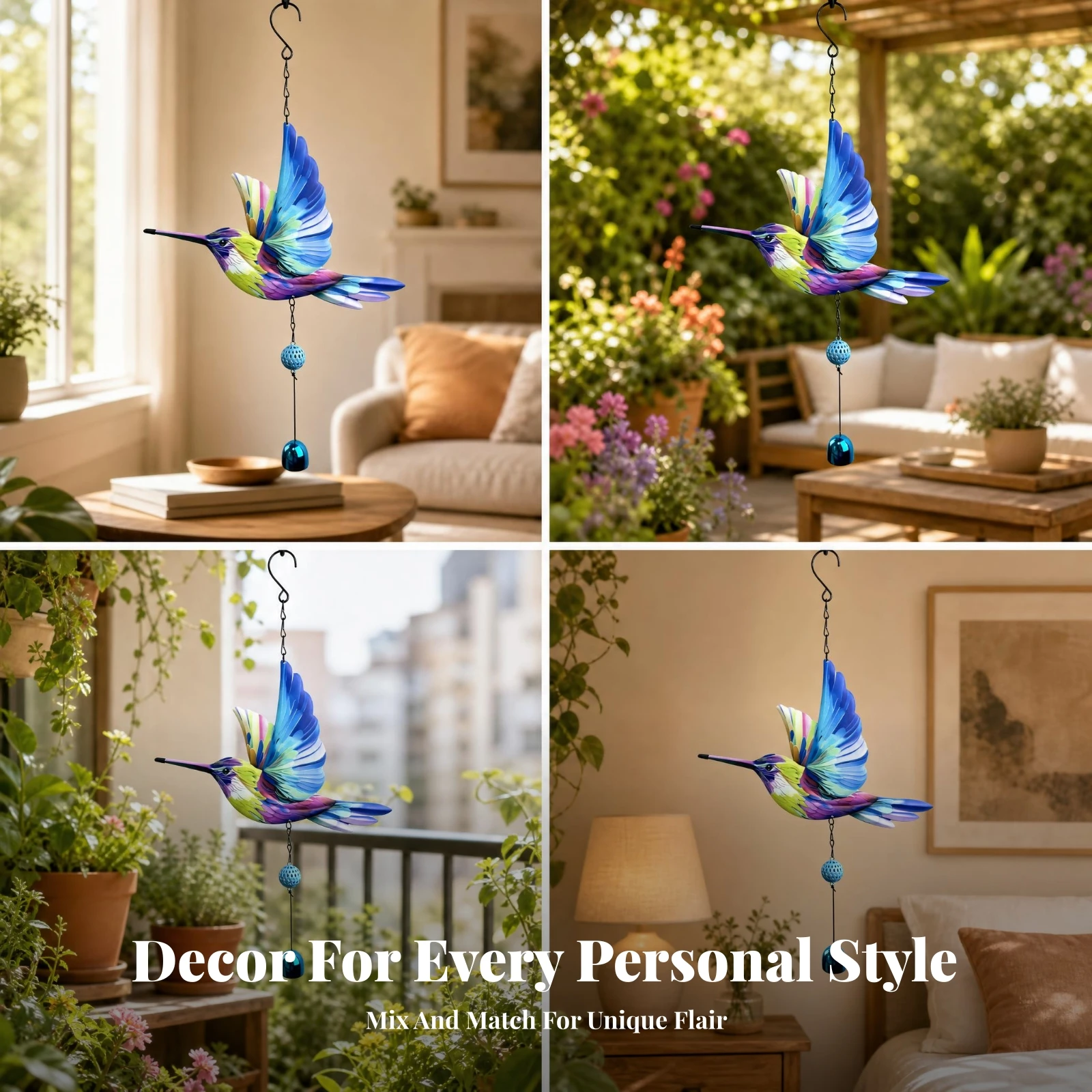 Hanging Bird Ornament Hummingbird Wind Chime All Seasons Soothing Sound Metal Wind Chime Metal Hummingbird Ornament Perforated