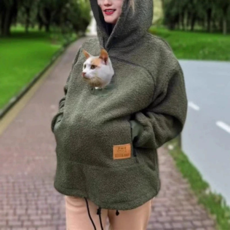 Ladies Winter Hooded Lamb Velvet Zipper Kangaroo Pocket Cat Dog Mommy Outwear Sweatshirt Comfortable Street Style Trendy Fashion