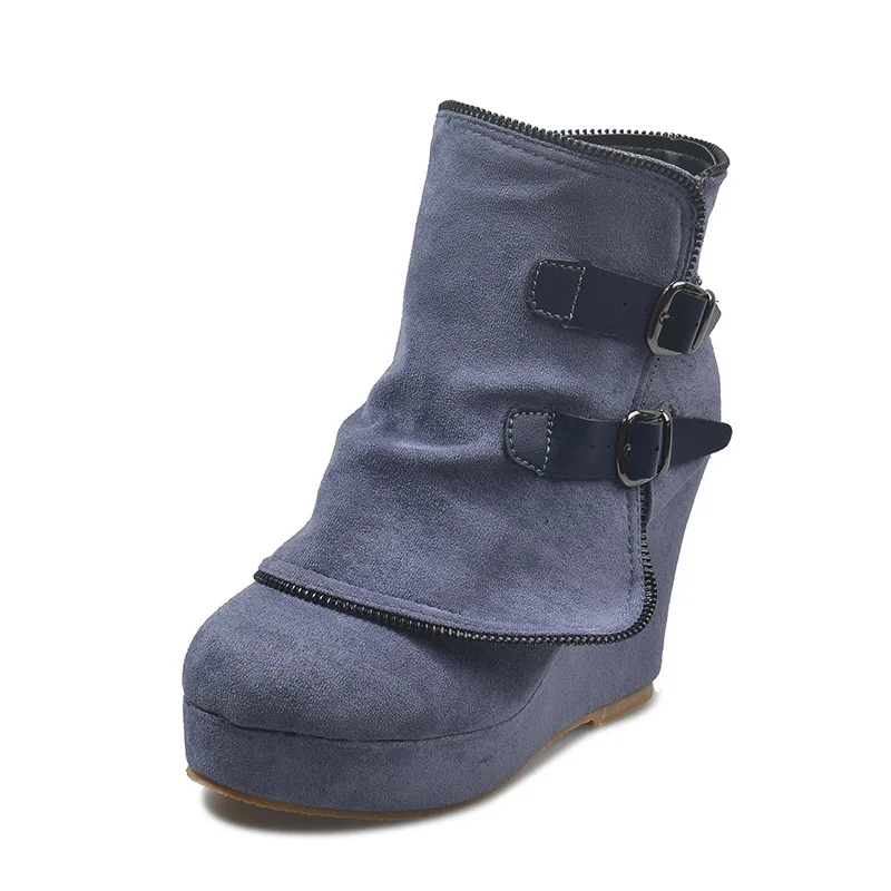 

2025 Modern High-heel Boots for Women Ankle Wedges Suede Ladies Shoes Splicing Fake Zip Belt Buckle Height Increasing Daily Wear
