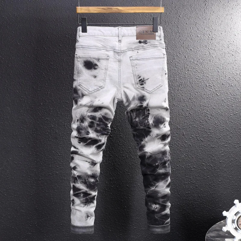 Men's 2026 New Spring Vintage Denim Pants Black Gray Tie-Dye Stretch Slim Tapered Versatile Daily Casual Pants