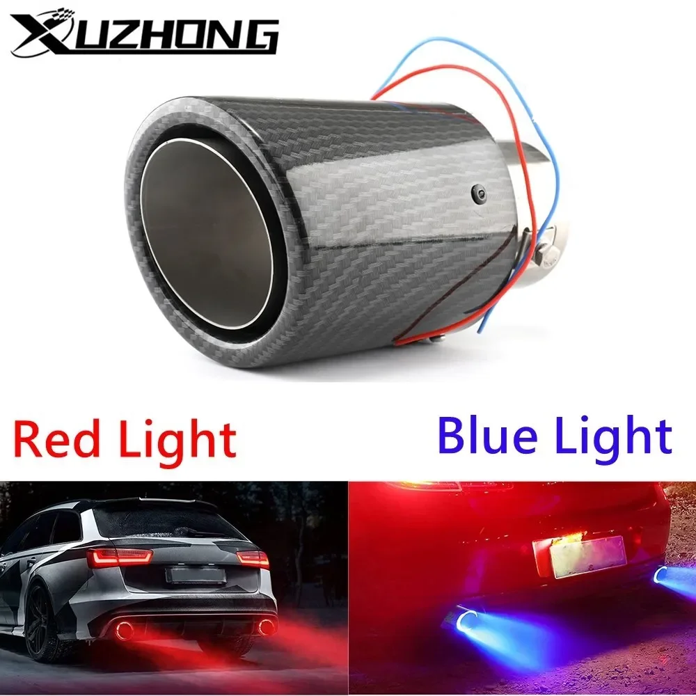 Universal Car LED Exhaust Muffler Tip Pipe Straight Car Modified Single Outlet Exhaust Pipe Tail Throat Red/Blue Light Flaming